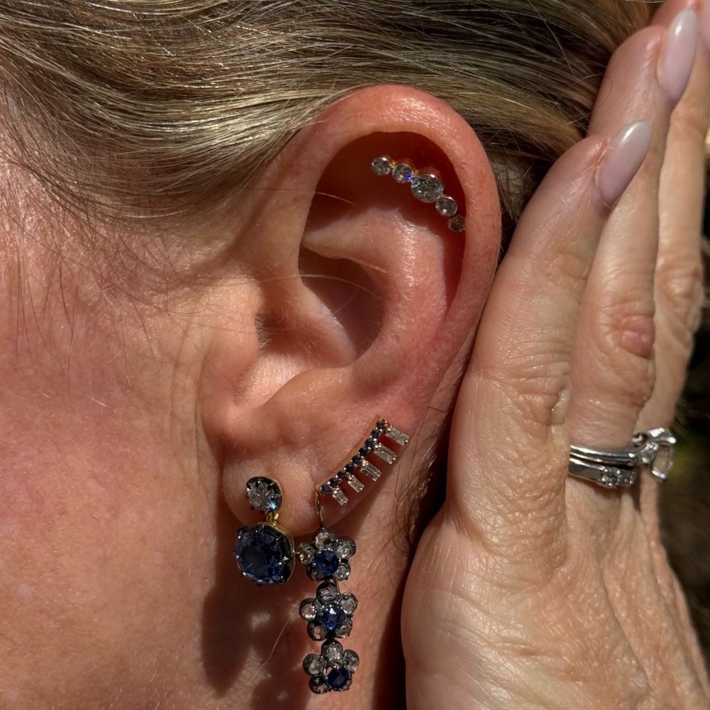 14K Gold Diamond Baguette and Blue Sapphire Earrings or Ear Climbers - Picture 2 of 2